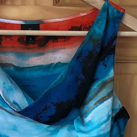 Worthington sleeveless bright watercolor asymmetrical drape neck blouse size M - Picture 3 of 12